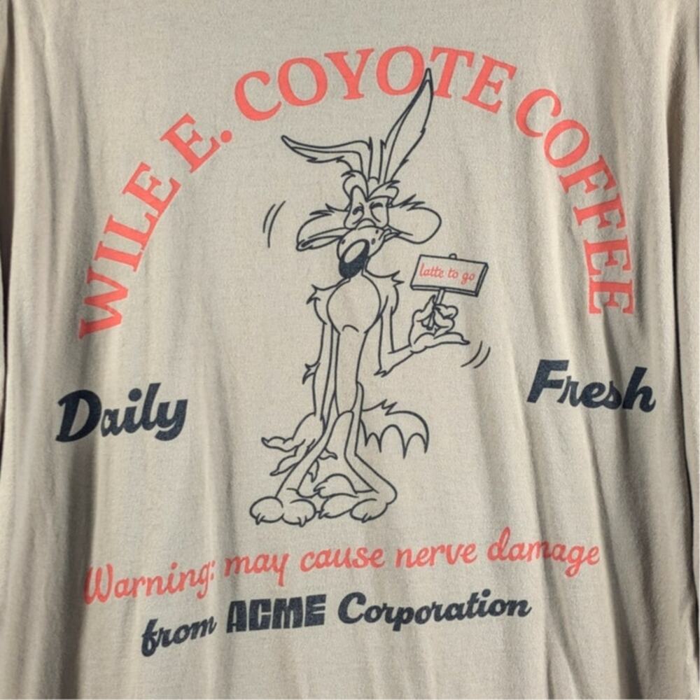 Looney Tunes Wile E Coyote Mens Large Coffee ACME Graphic Tee  Tan Beige Cotton